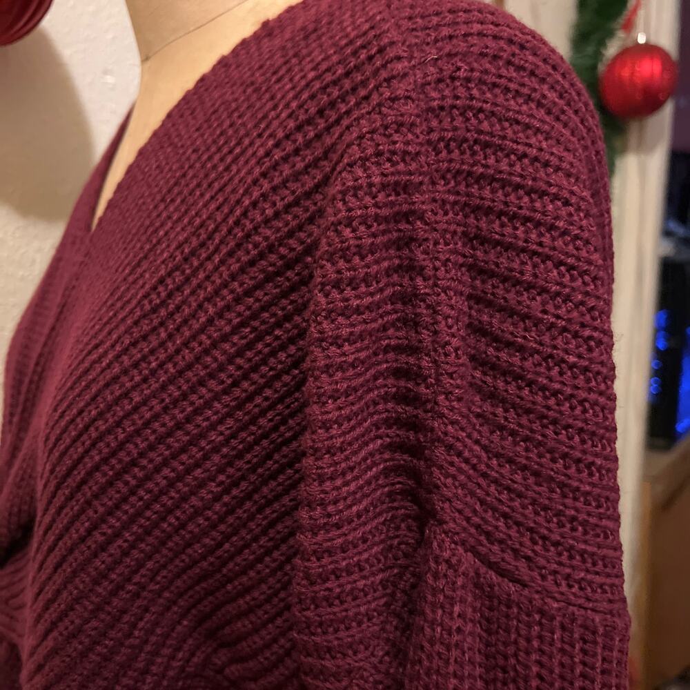 Burgandy Ribbed Long Sleeve V-neck Twist Knot Tunic Mini Sweater Dress Size S - Picture 6 of 9